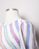 1970's White dress with periwinkle, peach & mint stripped dress with puff sleeves