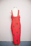 1990's Sleeveless Red dress with a medusa medallion & polka dot print and faux wrap skirt