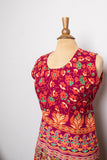 1970's Red bohemian sleeveles cotton dress in floral block print