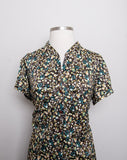 1990's Brown short sleeve plus size button-down mini dress with green & ivory polka dots
