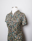 1990's Brown short sleeve plus size button-down mini dress with green & ivory polka dots