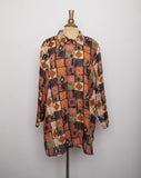 1990's Sheer Orange, Brown & Gold abstract geo printed long sleeve button down shirt