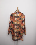 1990's Sheer Orange, Brown & Gold abstract geo printed long sleeve button down shirt