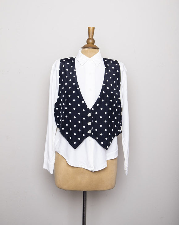 1990's White button down long sleeve shirt with a polka dot attached vest