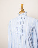 1980's Sky blue & whtie striped long sleeve with a ruffle highneck collar