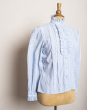 1980's Sky blue & whtie striped long sleeve with a ruffle highneck collar