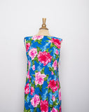 1970's Turquoise sleeveless Hawaiian Maxi Cape Dress with Pink tropical florals
