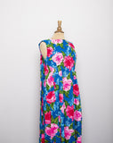 1970's Turquoise sleeveless Hawaiian Maxi Cape Dress with Pink tropical florals