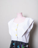 1980-90's White & Black dress with a floral printed skirt and cape collar neckline