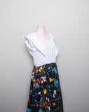 1980-90's White & Black dress with a floral printed skirt and cape collar neckline