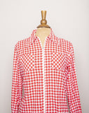 1970's Red & White houndstooth long sleeve zip up cotton shirt with 2 front chest pockets