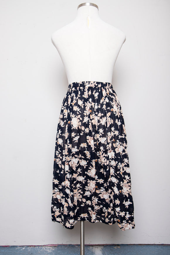 1990's Black skirt with a ivory and brown floral print.