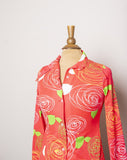 1970's Jantzen Coral red long sleeve polyester shirt with an abstract swirl print.