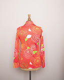 1970's Jantzen Coral red long sleeve polyester shirt with an abstract swirl print.