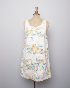 1990's Express Cream Jumper dress with sunflower print and 2 front pockets