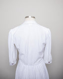 1970-80's sheer White 3/4 puff sleeve dress with navy blue polka dot print & accordian pleated skirt