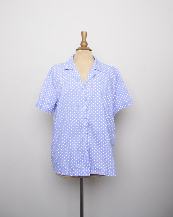1990's Periwinkle short sleeve button down polka dot shirt