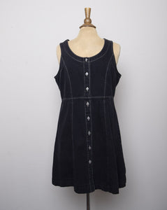 1990's Black Denim jumper mini dress with white stitching.