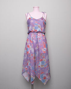 1970's sheer Sleeveless Lavender floral dress w/handkerchief hem, blouson bodice and tie straps