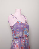 1970's sheer Sleeveless Lavender floral dress w/handkerchief hem, blouson bodice and tie straps