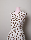 1950-60's White Culotte sleeveless Jumpsuit with brown polka dot print with pockets
