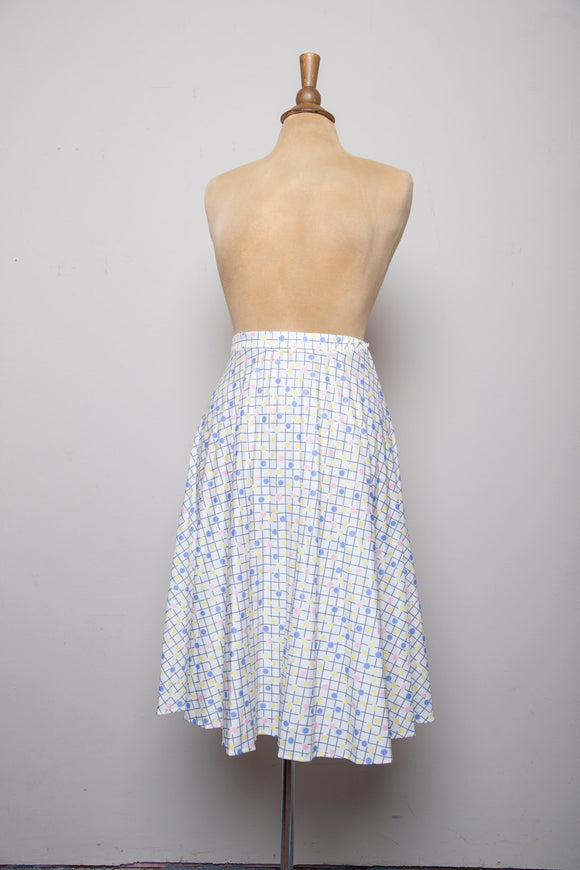 1980-90's White pleated skirt with pastel polka dots & blue grid print
