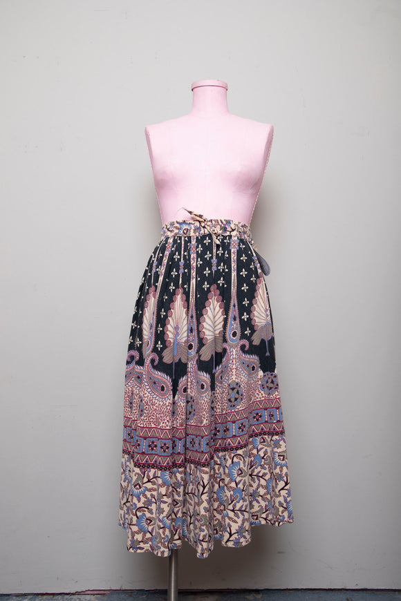 1970's Boho made in India skirt w/peacocks & paisley print