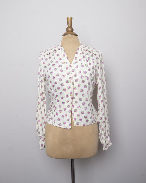 1970's Ivory long sleeve top with dainty pink florals and polka dots