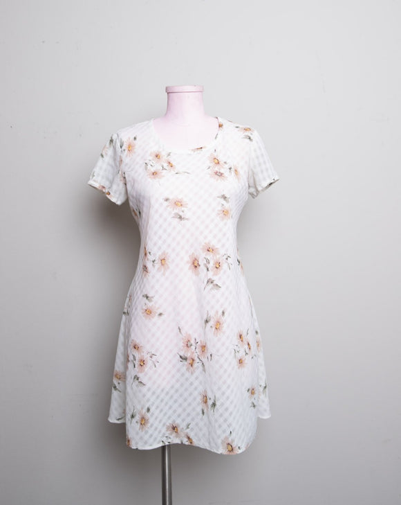 1990's Ivory sheer short sleeve mini dress with pink daisy print