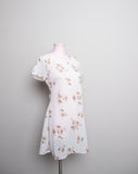 1990's Ivory sheer short sleeve mini dress with pink daisy print
