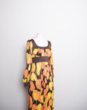 1970's Brown maxi long sleeve dress in a orange tulip print
