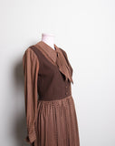 1970's Brown long sleeve polka dot mini dress with attached vest and bow tie