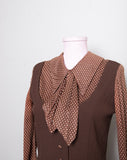 1970's Brown long sleeve polka dot mini dress with attached vest and bow tie