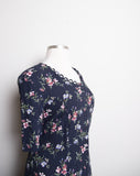 1990's Navy Plus size short sleeve buttond down dress with pink florals and polka dot print & a corset lacing on the back