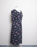 1990's Navy Plus size short sleeve buttond down dress with pink florals and polka dot print & a corset lacing on the back