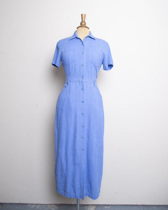 1990's-Y2K Blue linen short sleeve button down dress with pockets