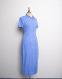 1990's-Y2K Blue linen short sleeve button down dress with pockets