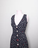 Retro Sleeveless Navy Blue Culotte jumpsuit with white and red polka dots