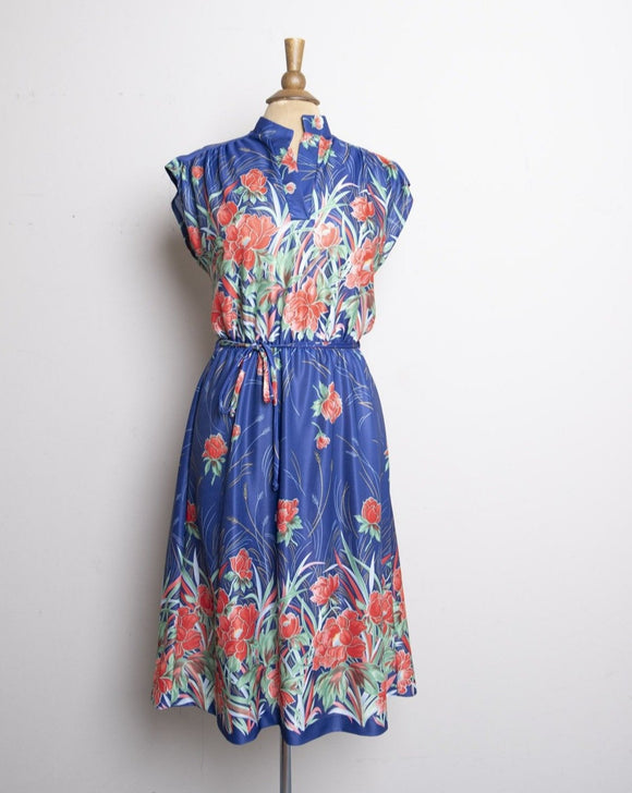 1970’s Navy blue dress with red tropical florals