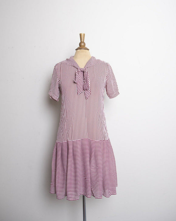 1990's Red, white & navy striped short sleeve sheer drop waist dress with bow tie
