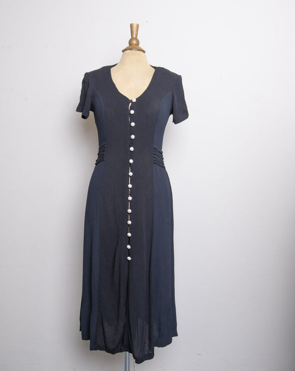 1990's Black short sleeve button down midi dress with pearl buttons and front slit