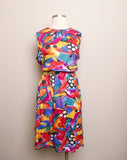 1990's Sleeveless Multicolor brush stroke floral & Polka dot printed plus size A-line dress