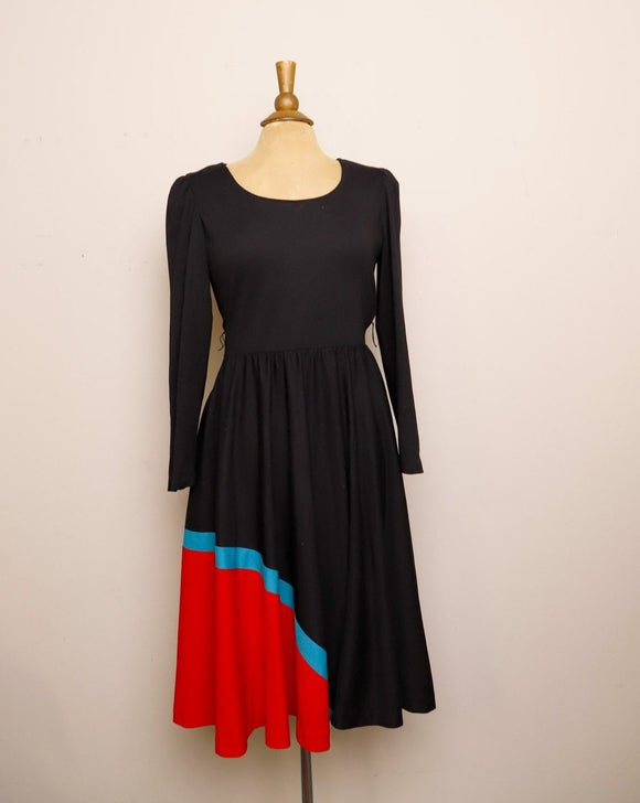 1970-1980's Black long puff sleeve dress with red & turquoise color block