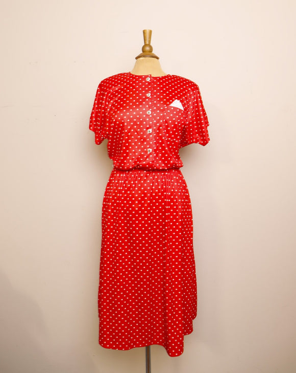 Classic 1980's does 1950's  Red and White polka dot dress with pockets