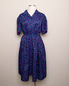 1980's Navy, Pink, Violet floral Plus size shirtwaist Plus Size dress with pockets