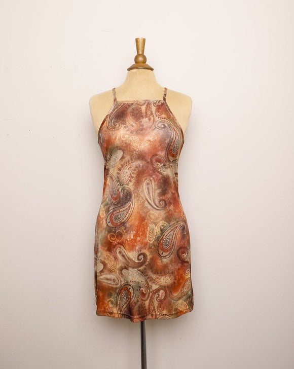 Y2K Brown & Orange high neck Mini dress with a paisley Ombre print