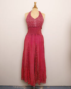 1990's Magenta Halter boho maxi dress with a sheer embroidered patchwork panel skirt and smock back & waistband
