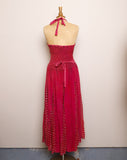 1990's Magenta Halter boho maxi dress with a sheer embroidered patchwork panel skirt and smock back & waistband