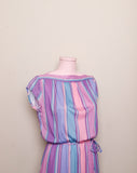 1970's Pastel Pink, Violet & Teal striped dress with boat neckline