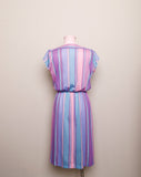 1970's Pastel Pink, Violet & Teal striped dress with boat neckline